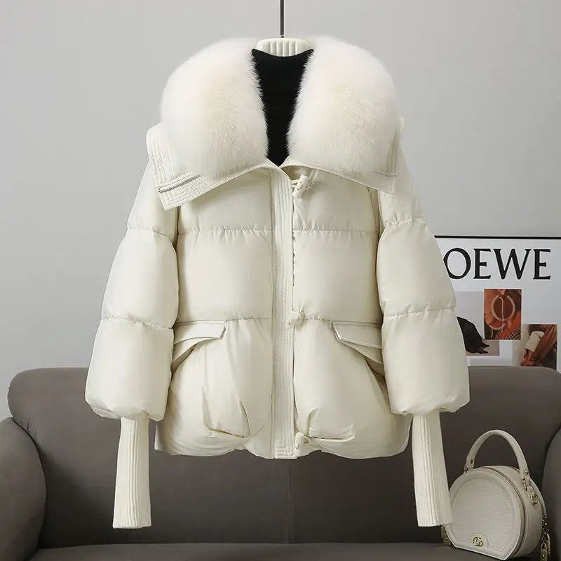 Down Cotton-padded Jacket Women’s Short Fur Collar Thickened Coat Winter Clothing - White / 2XL