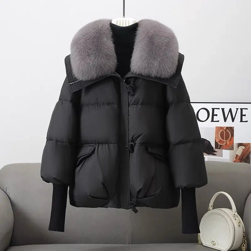 Down Cotton-padded Jacket Women’s Short Fur Collar Thickened Coat Winter Clothing - Black / 2XL