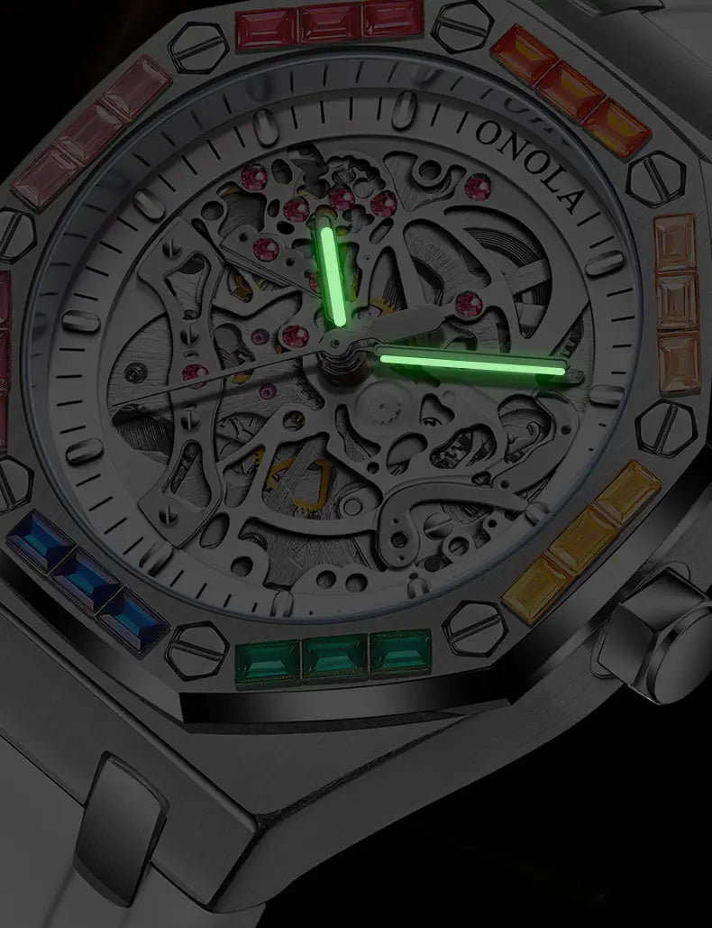 Men’s Silicone Band Rainbow Diamond Automatic Mechanical Watch