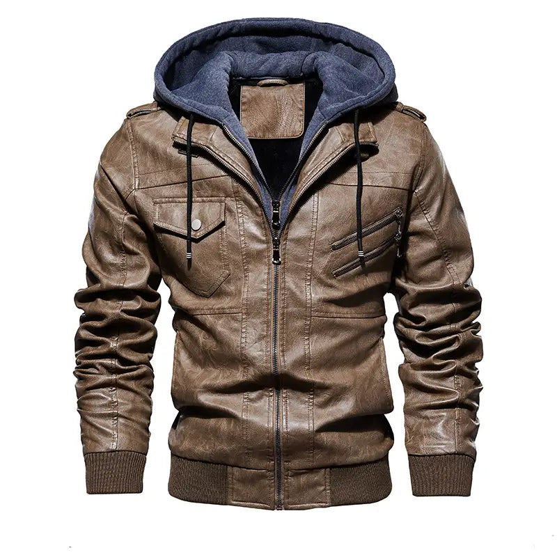 Men’s Leather Jacket Men’s PU Leather Hooded Leather Jacket