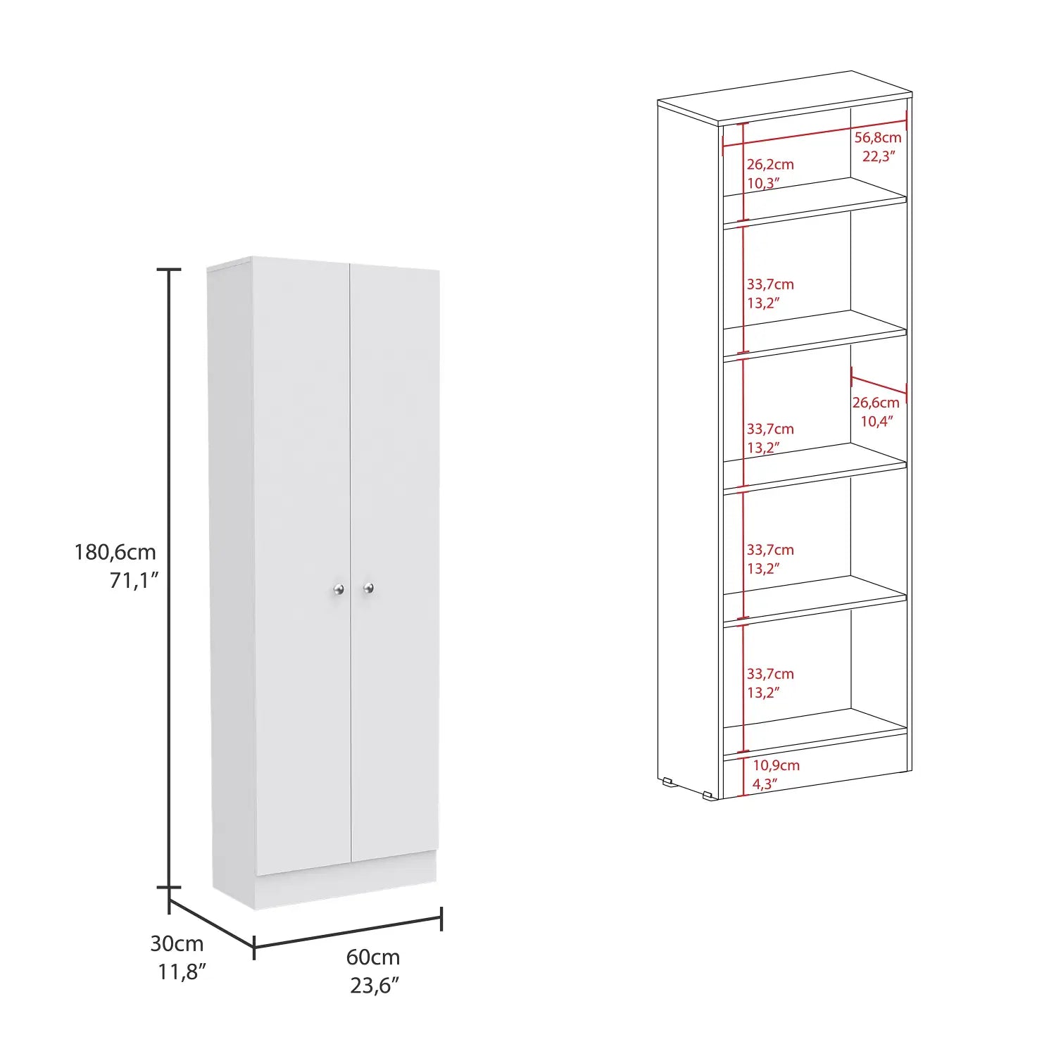 Multistorage Pantry Cabinet Five Shelves Double Door Cabinet -White