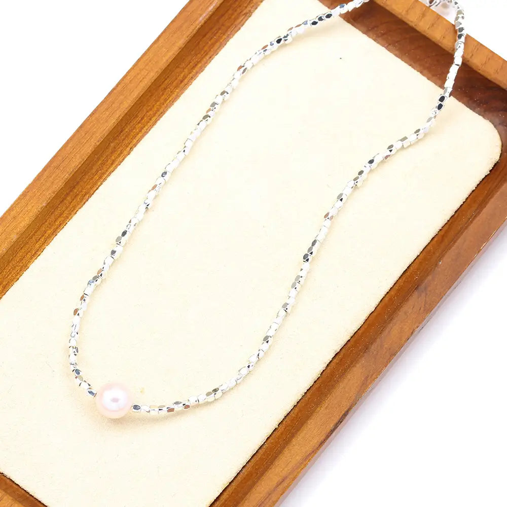 New Cute Simple Broken Silver Necklace Natural Pearl Pendant Colourful Beads Collarbone Chain Women’s Accessories
