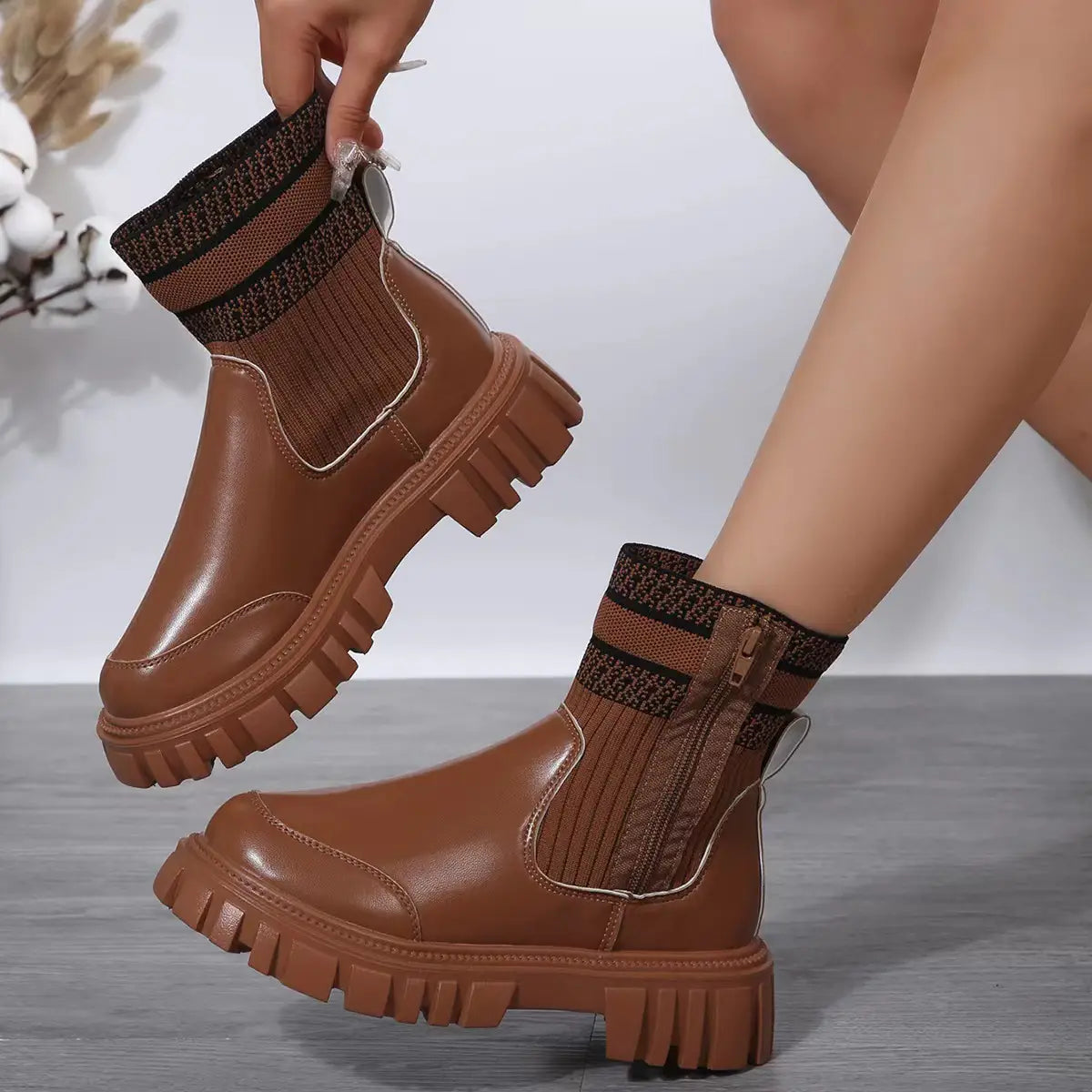 Fashion Mid-tube Boots With Zipper Design Non-slip Thick Sole Elastic Knitted Patchwork Boots For Women Round Toe Shoes