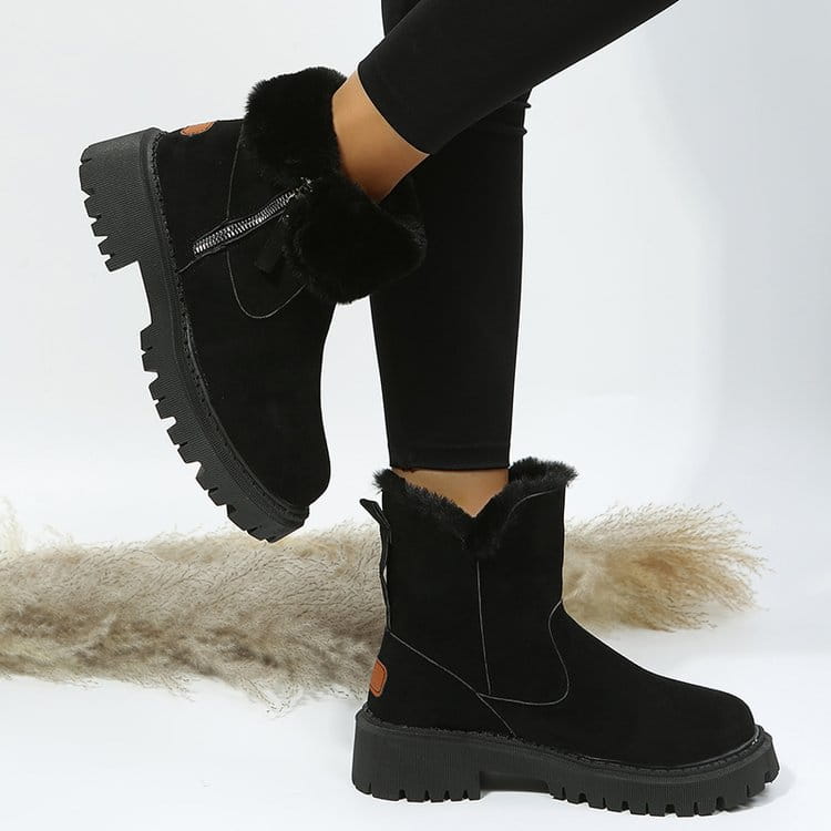 Women’s Snow Boots Winter Warm Foldable Plush Tube Short Boot Solid Color Round-toe Platform Shoes