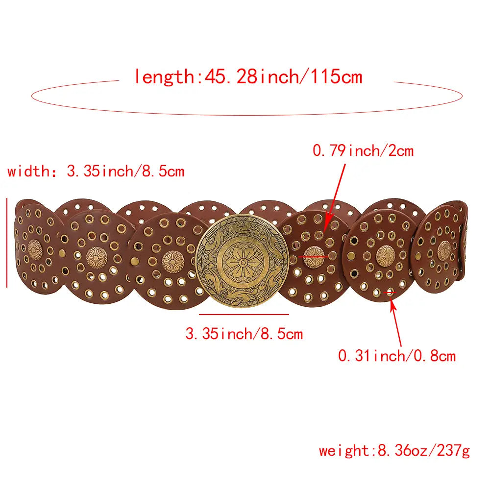 Brown leather belt with metal accents and cutouts from Retro Personality Hip Hop Punk collection.