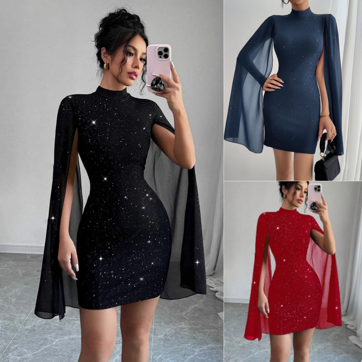 Women's Evening Party Dresses Round Neck Pit Stripe Pearl Chiffon Cape Sleeve Wrapped Hip Dress