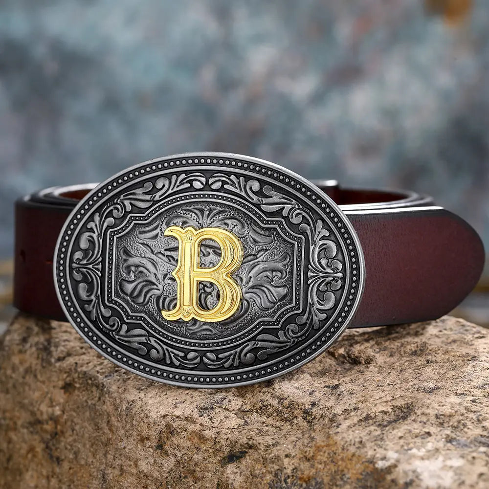 Ornate silver belt buckle with gold B on Men’s and Women’s Floral Letter Buckle Belts.