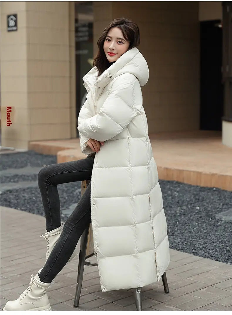 Women’s Super Long Down Jacket Winter Puffer Thick Coat Black Red Hooded Zipper Keep Warm Fall Winter Casual Clothes