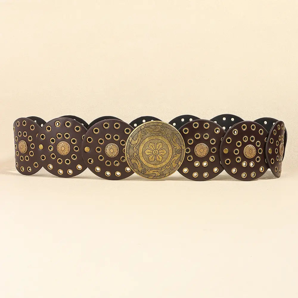 Brown and gold studded belt for Retro Personality Men’s and Women’s Hip Hop Punk Fashion.
