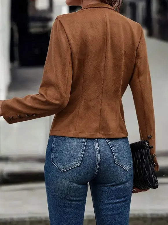 Solid Short Jacket Double Breasted Decorative Design Fashion Retro Suede Long Sleeve Outwear Tops Coat For Womens