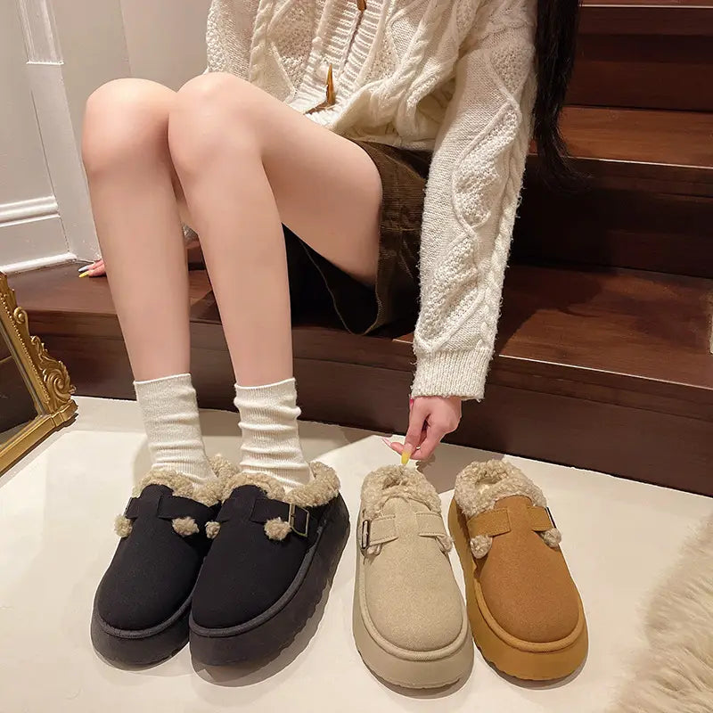 New Luxury Winter Women’s Shoes Plush Fashion Retro Bean Shoes Cotton Women’s Flat Sole Slippers Platform Women Boots