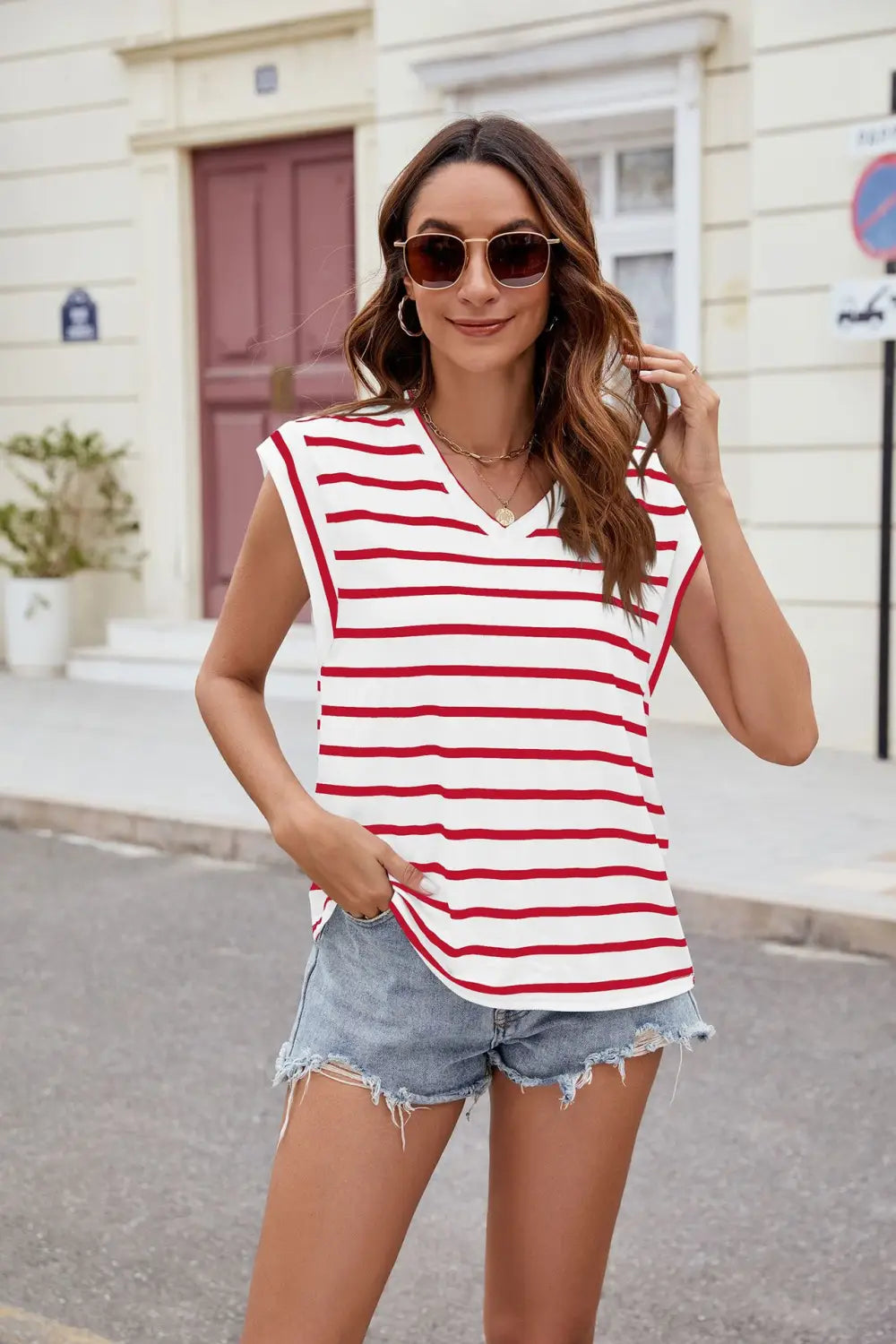 Fashion Stripe Print V-neck Short-sleeved T-Shirt Summer Loose Tank Top Womens Clothing