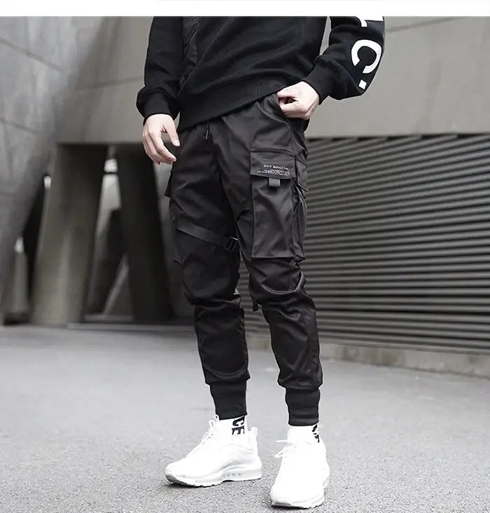 Ribbons Harem Joggers Men Cargo Pants Streetwear Hip Hop Casual Pockets Cotton Track Pants