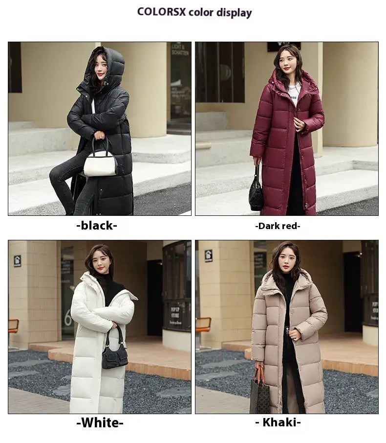 Women’s Super Long Down Jacket Winter Puffer Thick Coat Black Red Hooded Zipper Keep Warm Fall Winter Casual Clothes