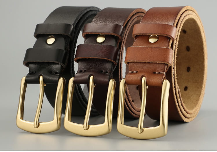 Three leather belts with brass buckles from Handmade Casual Trend Men’s Belts Cowhide.