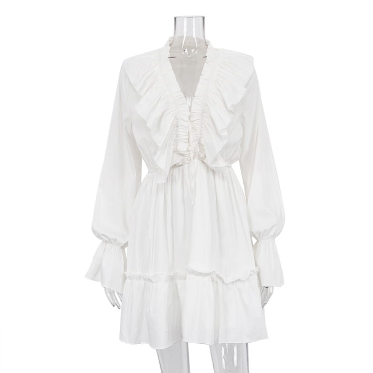 Fashion V Neck Pleated Ruffle Long Sleeve Dress Y2K V Neck Flared Sleeve Short Dress Women’s Clothing