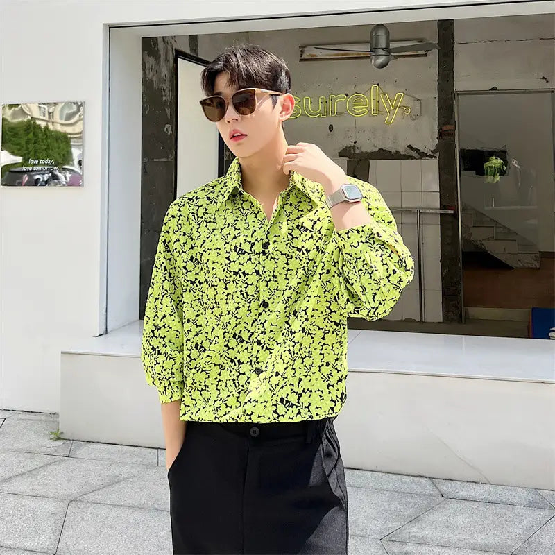 Ins Wind Net Red Dazzling Color Printing Long-sleeved Casual Shirt Men