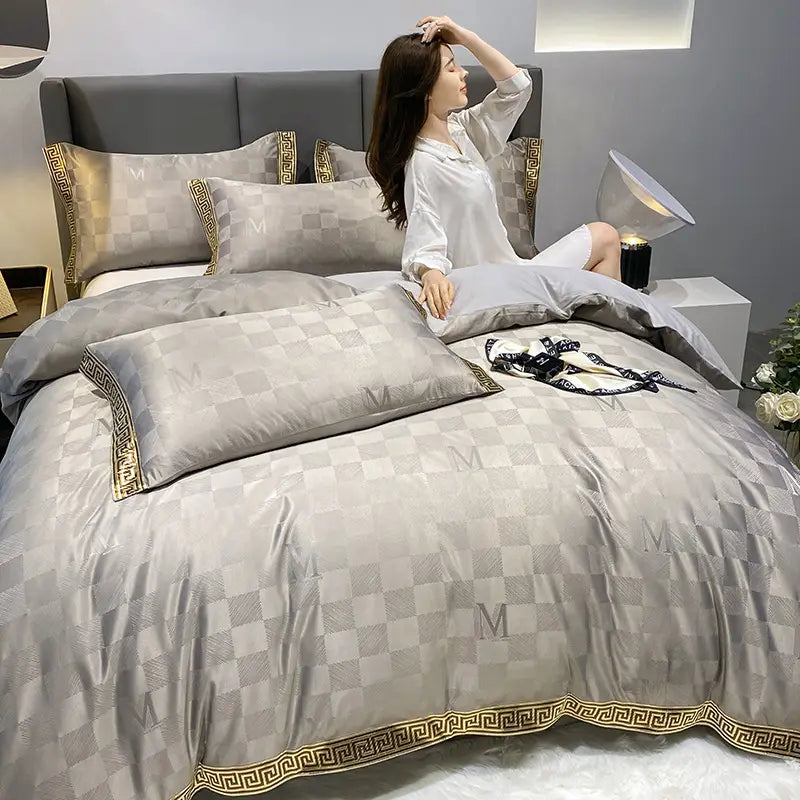Luxurious gray checkered bedding set in Silk Cotton Sheets Fitted Sheet Quilt Cover Bed.