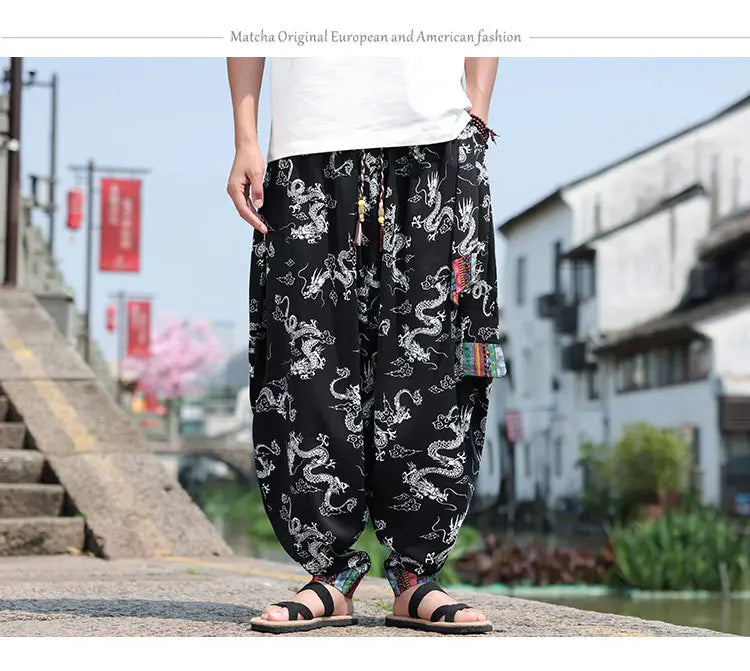Men’s Plus Size Dragon Pattern Thin Chinese Trousers