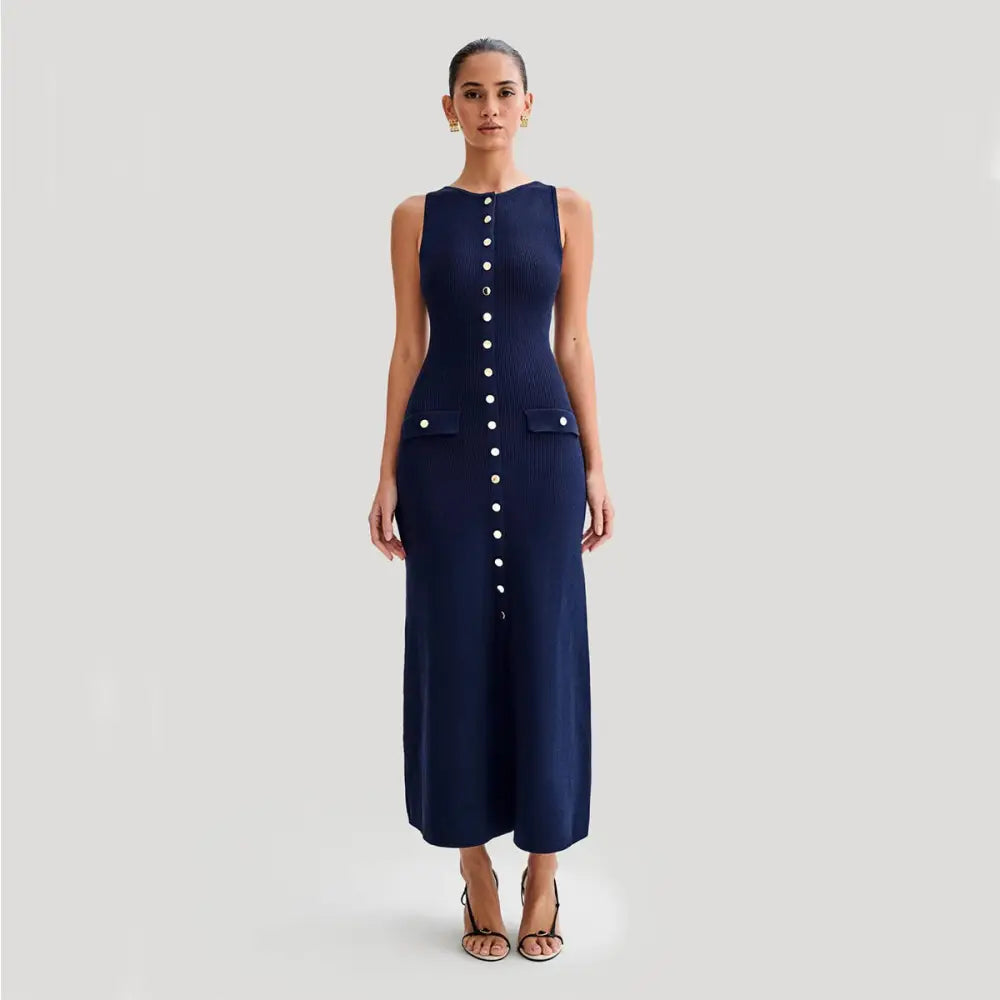 Elegant Knitted Sleeveless Dress With Single Breast Fashion Slim Round Neck Long Dresses Womens Clothing Beyond Trends Hub