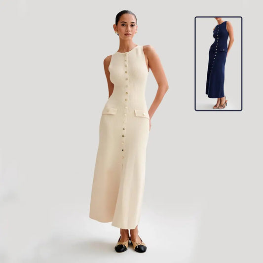 Elegant Knitted Sleeveless Dress With Single Breast Fashion Slim Round Neck Long Dresses Womens Clothing Beyond Trends Hub