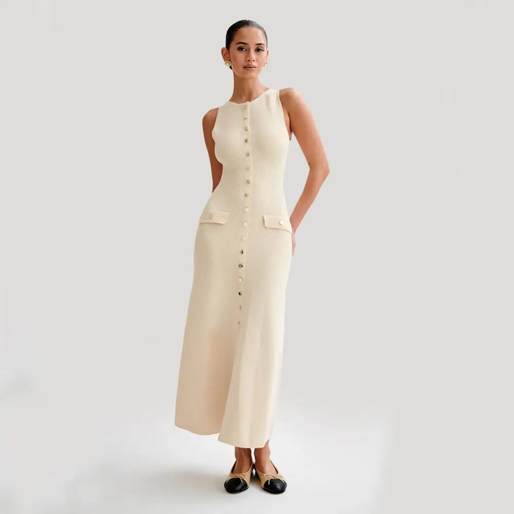 Elegant Knitted Sleeveless Dress With Single Breast Fashion Slim Round Neck Long Dresses Womens Clothing Beyond Trends Hub