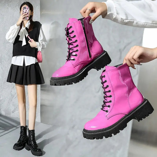 European And American Patent Leather Mid Heel Round Toe Short Motorcycle Boots Beyond Trends Hub
