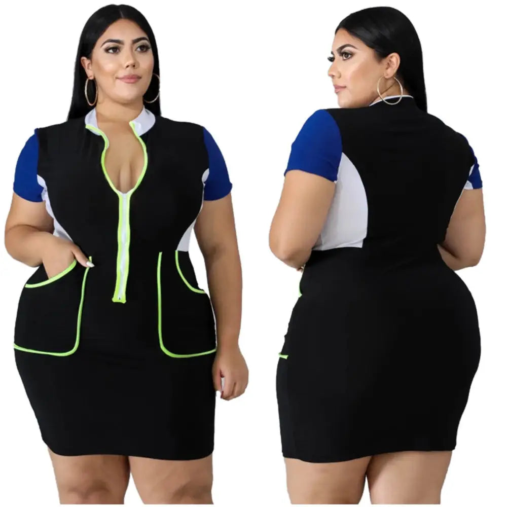 European And American Plus Size Women’s Color Matching Dress - Blue / XL