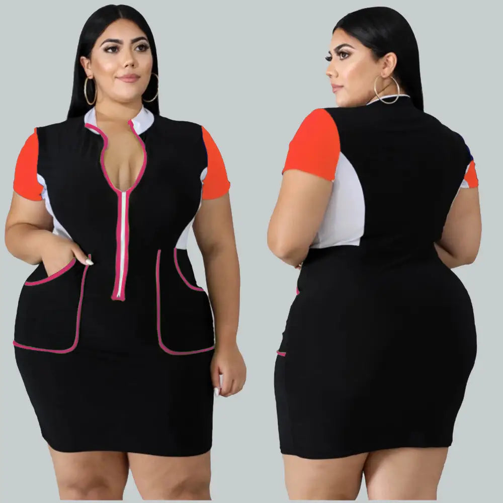 European And American Plus Size Women’s Color Matching Dress - Orange / XL