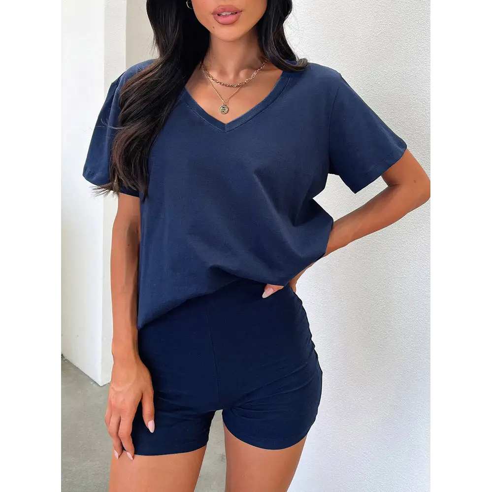 European And American V-neck Casual Temperament Pure Color Fashion Suit - Navy / XS