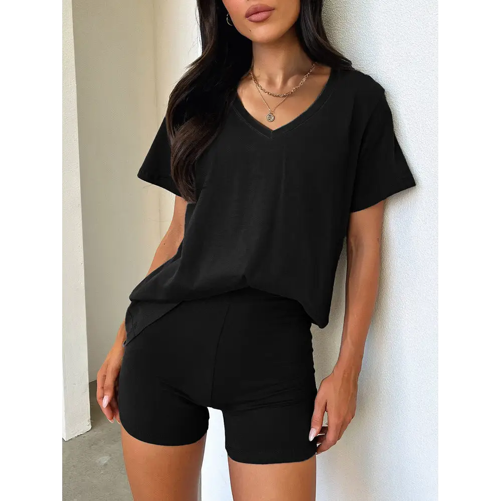 European And American V-neck Casual Temperament Pure Color Fashion Suit - Black / XS
