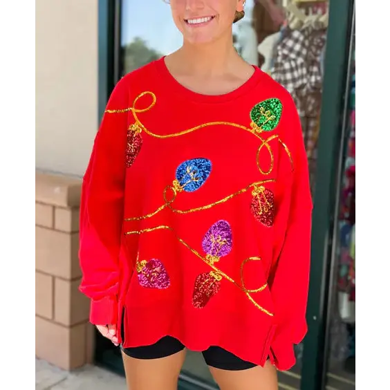 European And American Women’s Clothing Christmas Sequins Long Sleeve Pullover Hoodie Women - Red / S
