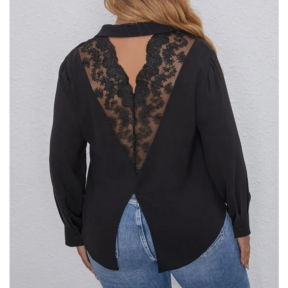 European And American Women’s Plus Size Lace Top - Black / XL