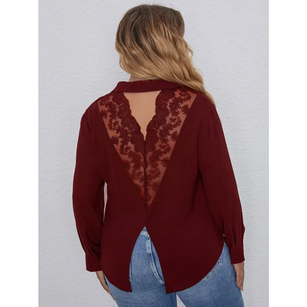 European And American Women’s Plus Size Lace Top - Wine Red / XL