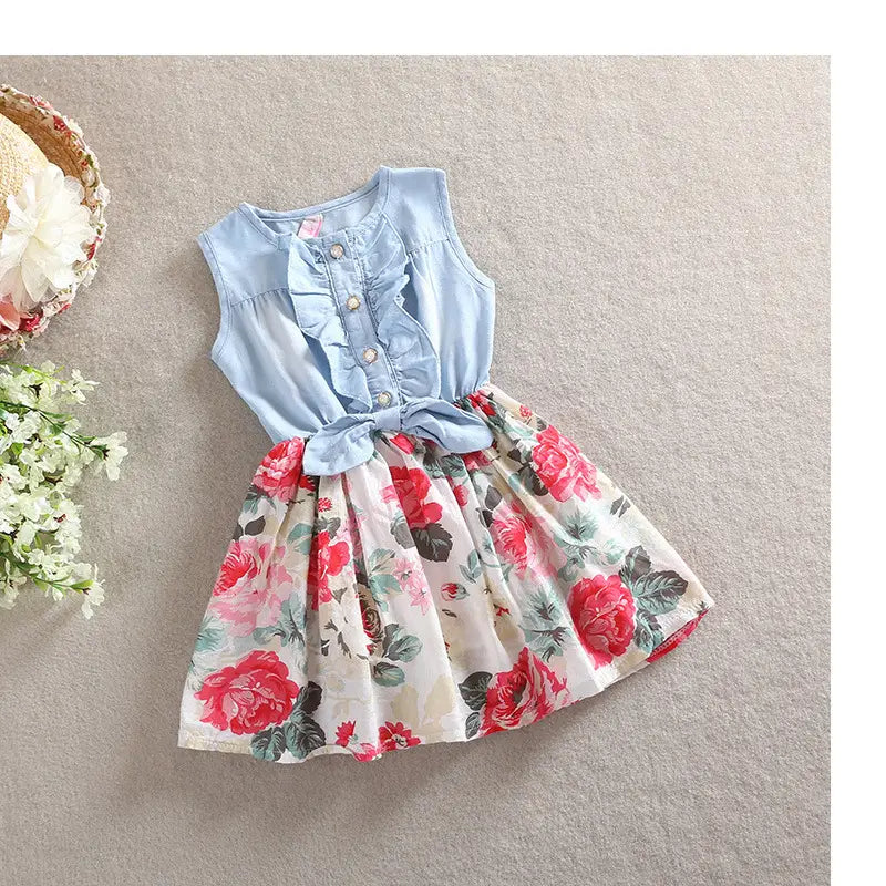 Summer Children Sleeveless Girl Denim Floral Dresses
