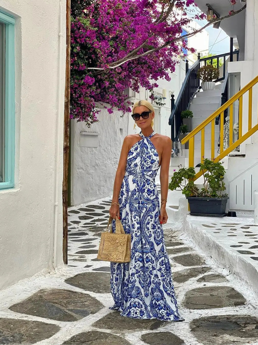 Printed Backless Hanging Neck Long Dress For Women