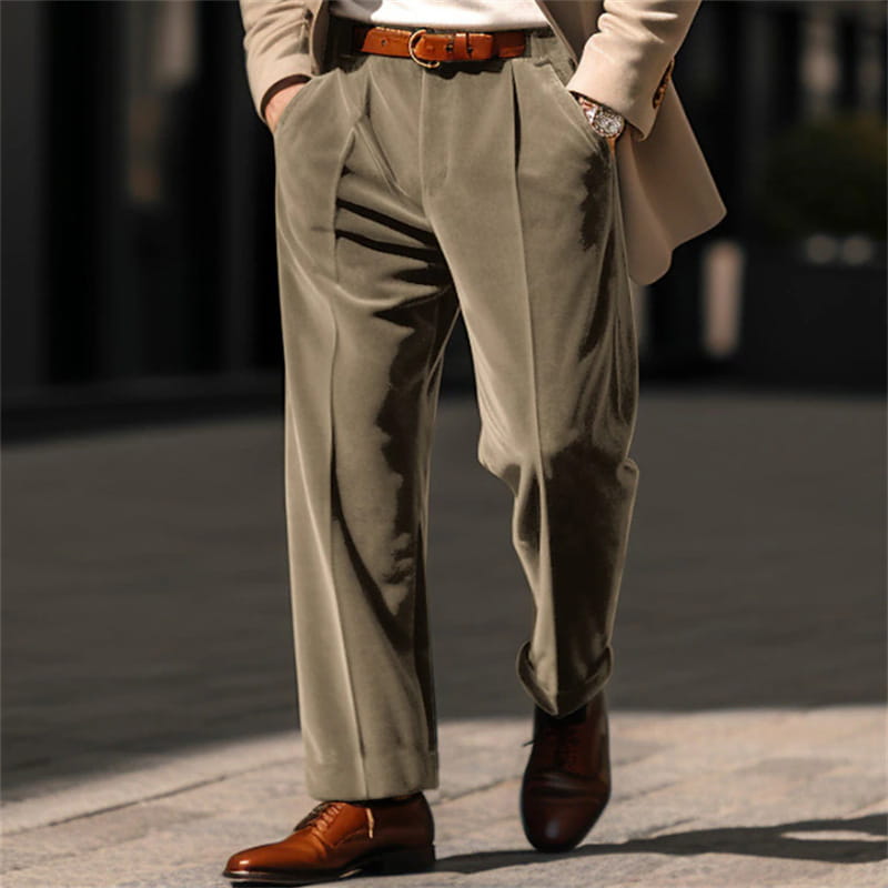 Men’s Formal Velvet Front Pocket Straight Trousers