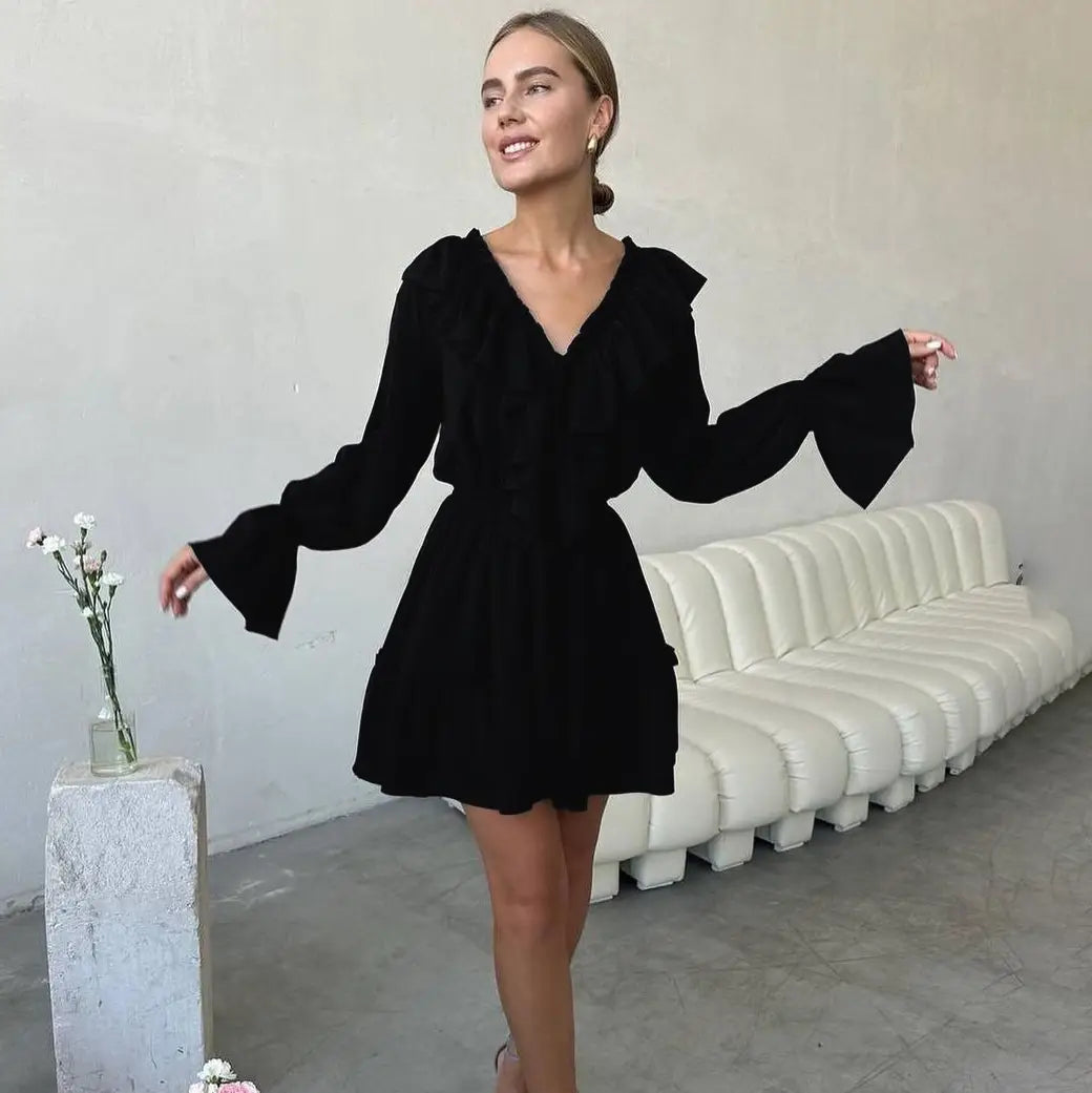 Fashion V Neck Pleated Ruffle Long Sleeve Dress Y2K V Neck Flared Sleeve Short Dress Women’s Clothing