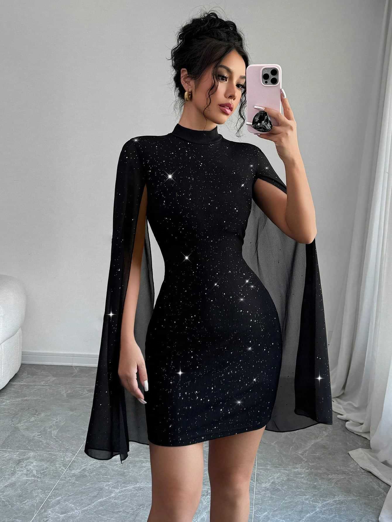 Women's Evening Party Dresses Round Neck Pit Stripe Pearl Chiffon Cape Sleeve Wrapped Hip Dress