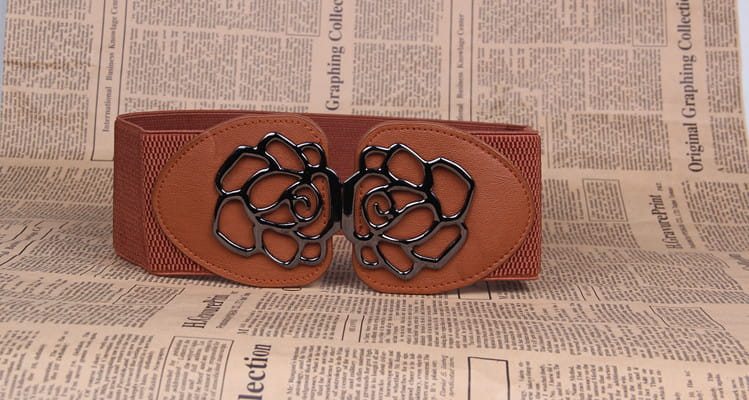 Brown elastic belt with floral buckle from 3 Women’s Belts collection.