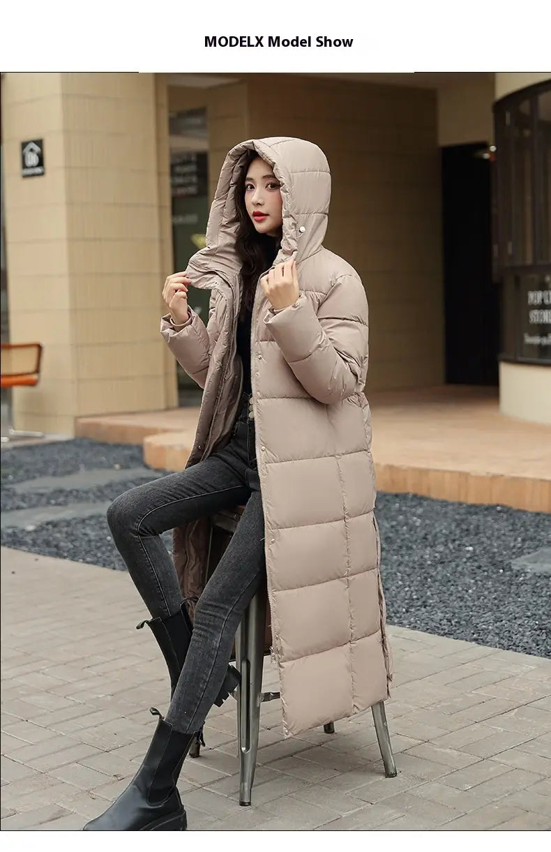 Women’s Super Long Down Jacket Winter Puffer Thick Coat Black Red Hooded Zipper Keep Warm Fall Winter Casual Clothes