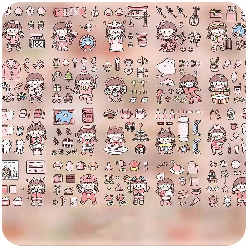 Cute cartoon stickers from the Waterproof Transparent 100 Sheets Sticker Set.