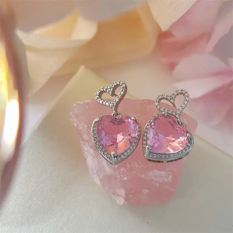 Light Luxury Premium Feeling Pink Crystal Heart Earrings For Women Girls Niche Design Earrings Birthday Jewellery Gift