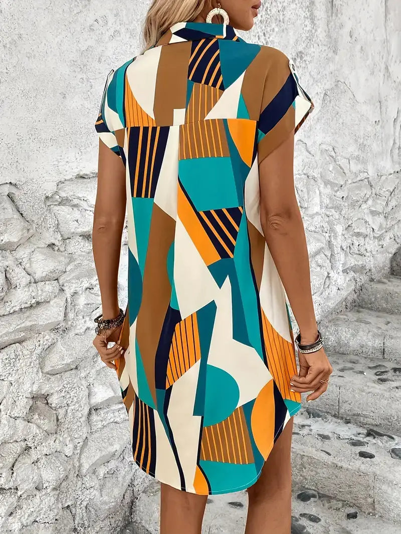 Geometric Printed Shirt Short Dress Women
