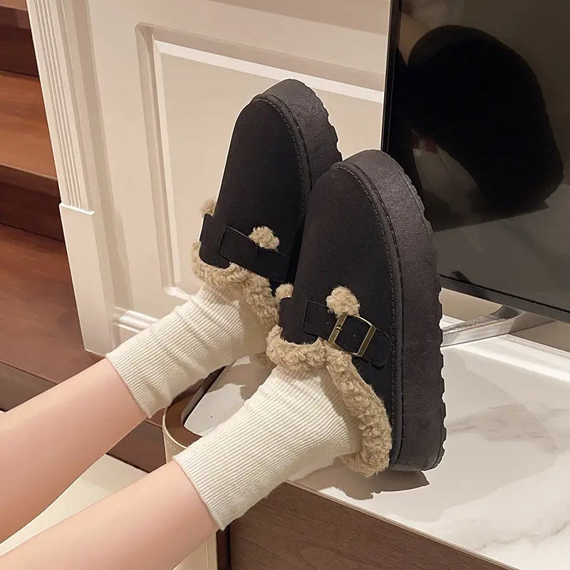 New Luxury Winter Women’s Shoes Plush Fashion Retro Bean Shoes Cotton Women’s Flat Sole Slippers Platform Women Boots