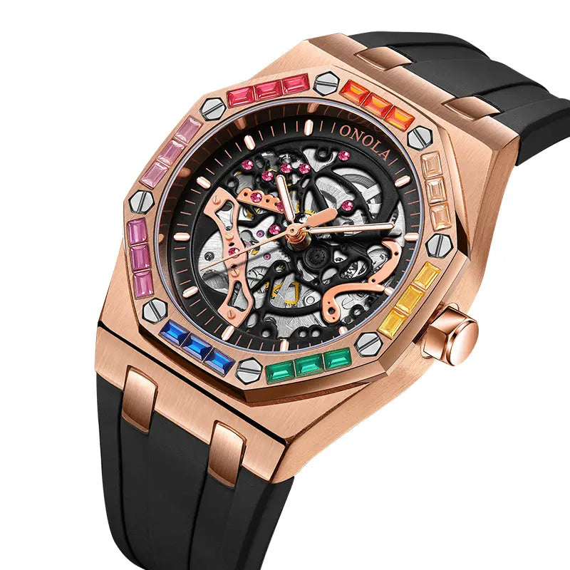 Men’s Silicone Band Rainbow Diamond Automatic Mechanical Watch