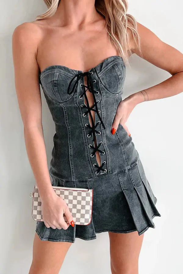 Low Waist Rope Tube Top Denim Dress Women