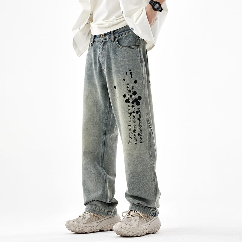 Men’s Washed Old Loose Wide-leg Straight Pants