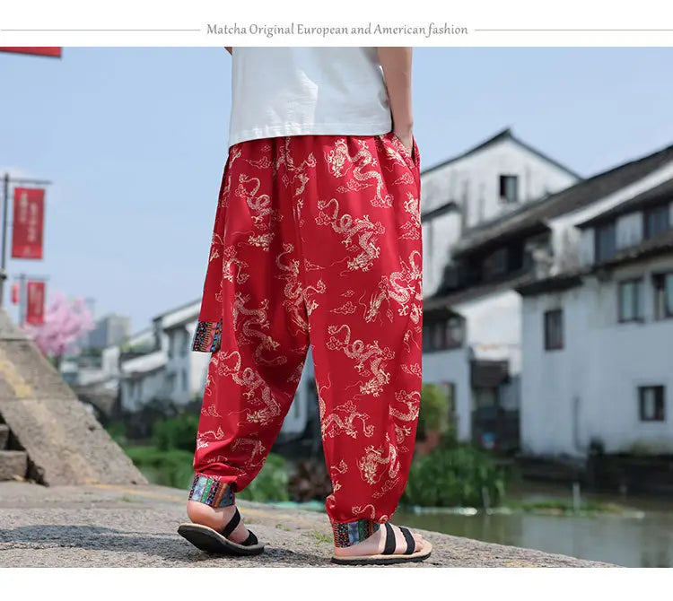Men’s Plus Size Dragon Pattern Thin Chinese Trousers
