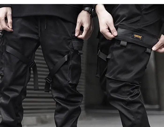 Ribbons Harem Joggers Men Cargo Pants Streetwear Hip Hop Casual Pockets Cotton Track Pants